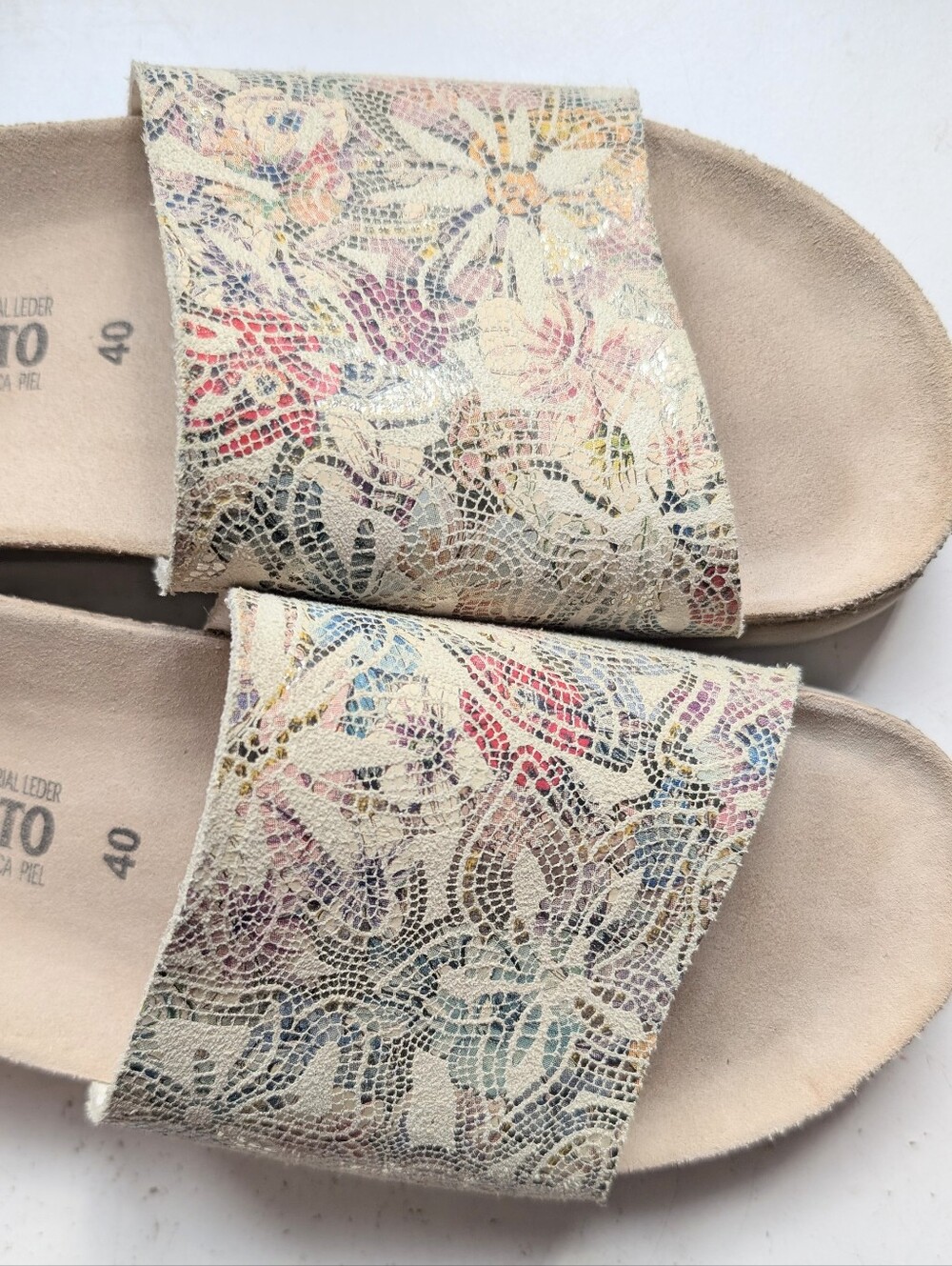 Mephisto RARE Leather Floral Crackle Art Slide Sandals Size 40 (9)